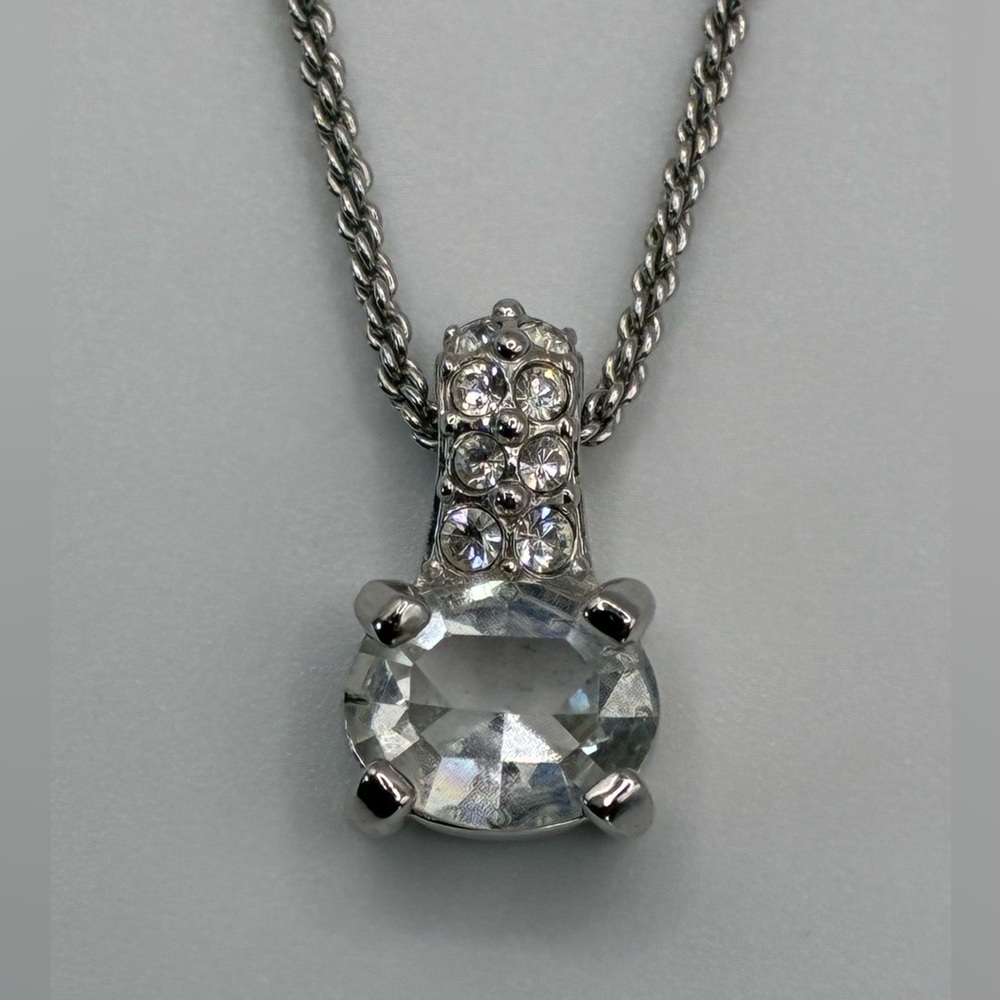 Swarovski Signed Swan Silver-Tone Oval Crystal Pendant Necklace - Picture 7 of 11